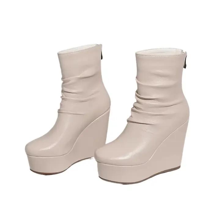 Femmes bottines taille 33 hiver automne conception plissée bout rond dames matures bureau plate-forme compensées talons hauts Chelsea bottes