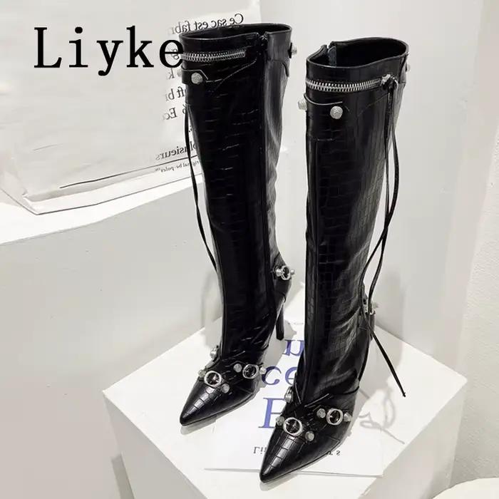 Liyke 2026 nouveau Sexy bout pointu genou bottes hautes femmes pôle danse talons aiguilles pompes mode gland Zip Rivet hiver longues chaussures