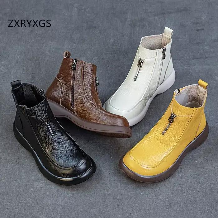 Bottes courtes en cuir véritable ZXRYXGS style camouflage talon plat semelle souple pour femmes printemps automne occassions spéciales