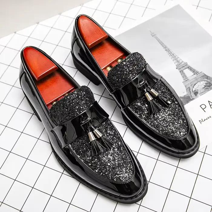 Mocassins de luxe à talon bas pour hommes, chaussures décontractées à enfiler en cuir doré, à pampilles, pour soirée, chaussures habillées pour hommes, chaussures à plateforme pour hommes