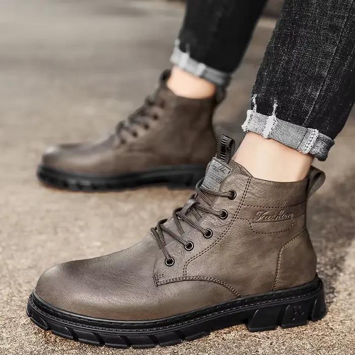 Bottes en cuir homme toutes saisons décontractées randonnée style rétro bottes de travail bottines semelle épaisse antidérapante