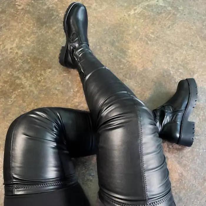 Bottes noires en similicuir au-dessus du genou, bout rond, fermeture éclair latérale, talon carré bas et épais, design cuissard, chaussures décontractées