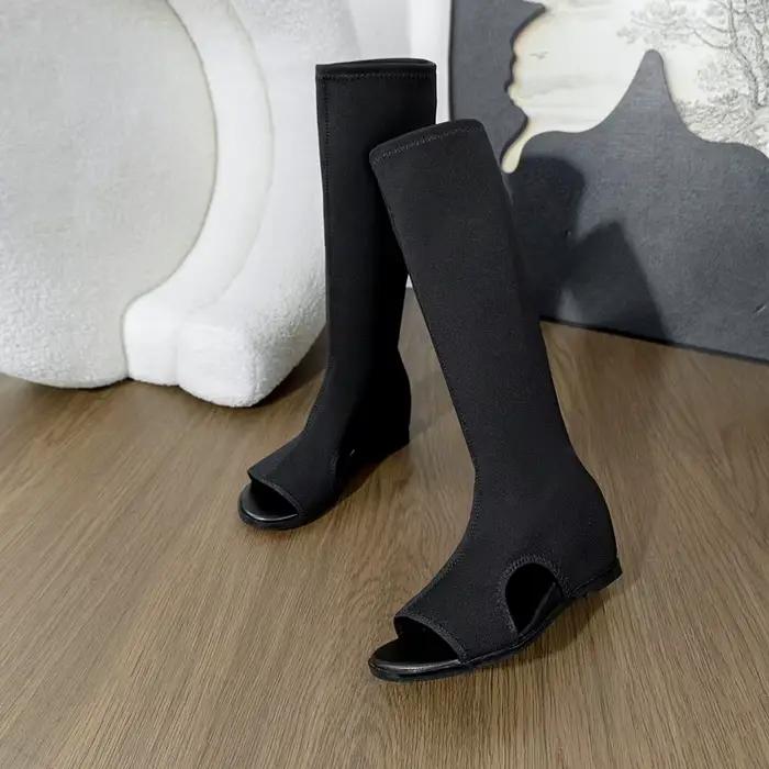 Bottes montantes pour femme en tissu élastique, rehaussées de 5 cm à l'intérieur, tendance, style sandales à tube long, version aérée latérale pour l'été