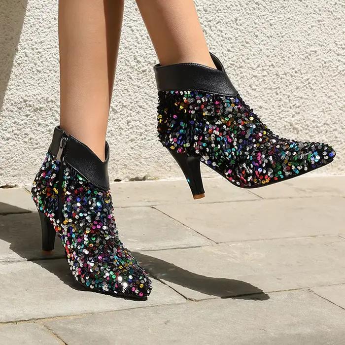 Botas De Mujer Fashion Sequin Ankle Boots Women Glitter Bling Shiny High Heels Side Zip Pointed Goth Shoes Big Size 46 47 L9-31