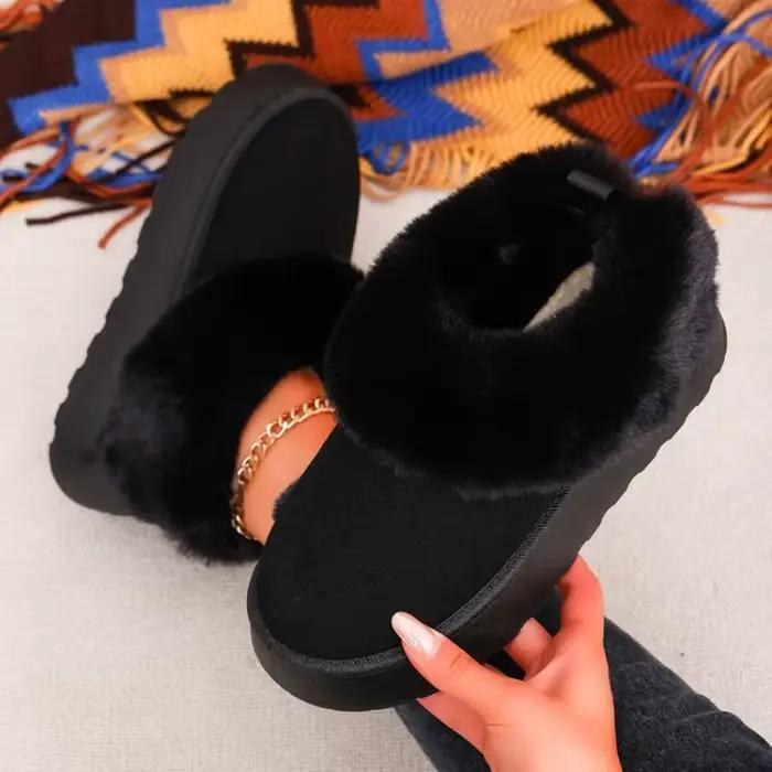 Bottines pour femmes à plateforme, talon plat, à enfiler, finition lisse, garniture en fausse fourrure, chaussures décontractées d'hiver, confortables et chaudes