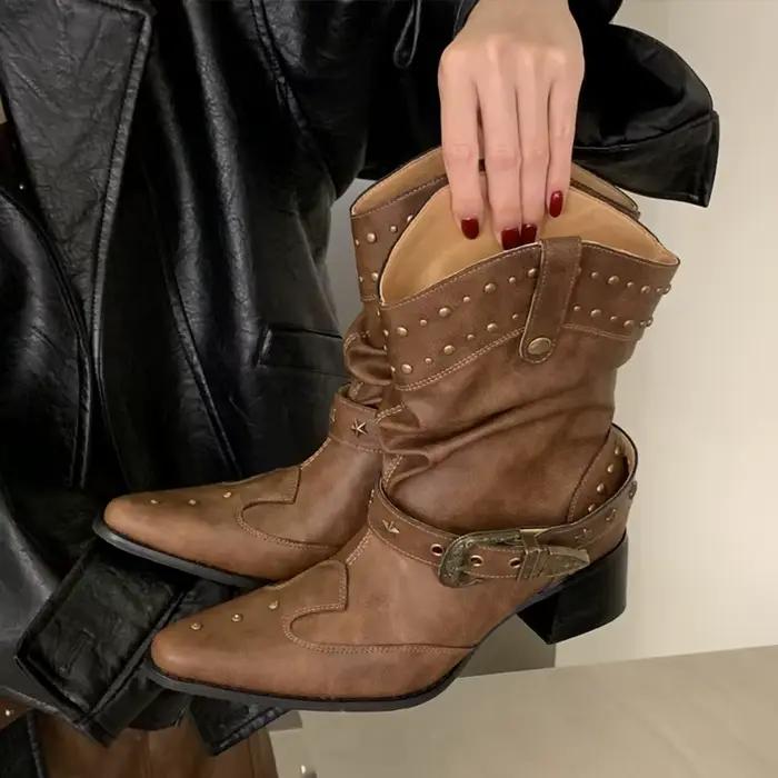 Eilyken Nouvelle Collection Bottines à Bout Pointu avec Boucle Rivetée pour Femme