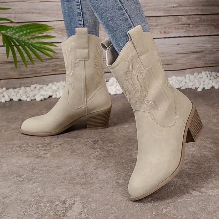 Chaussures pour femmes, nouvelles bottes de cow-boy brodées, bottes à bout pointu et talon épais pour femmes, bottes hautes pour l'automne, Botas De Mujer