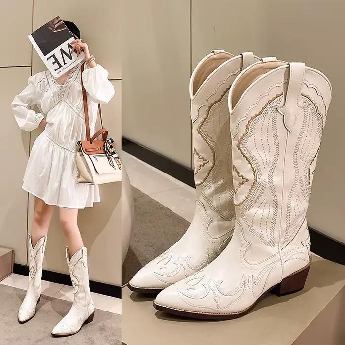 Bottes femme rétro automne hiver blanc genou