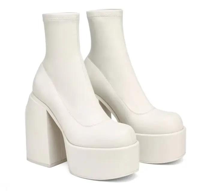 Bottes modernes femmes plate-forme talons bout rond botte en cuir talons épais fermeture éclair concepteur bloc talon chaussures mode filles chaussures décontractées