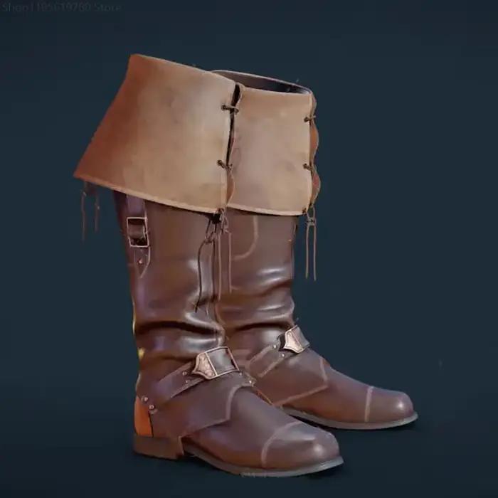 Bottes plates pour hommes, style rétro, à bout carré, avec boucle de ceinture, à lacets, à tige longue, à talon bas, pour cosplay, jeux de rôle, fête, costume