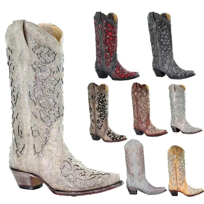 Bottes de chevalier rétro à paillettes et bout pointu, bottines longues brodées de Style ethnique, bloc de couleur, talon épais, grande taille, à la mode
