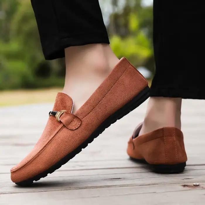 Mocassins en daim bleu pour hommes, chaussures de conduite plates respirantes, mocassins souples à enfiler, chaussures décontractées en cuir faites à la main, printemps et été