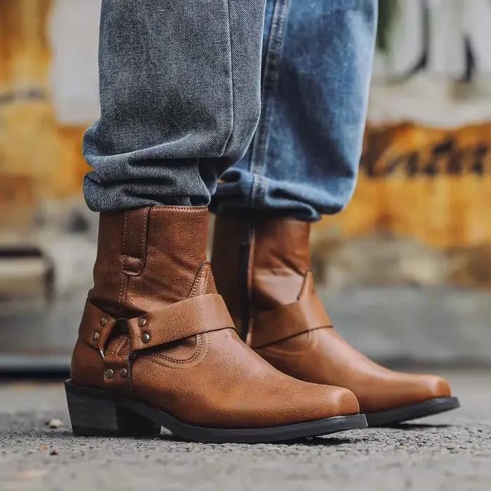 Bottines rétro pour homme, bottes de cowboy classiques en cuir de qualité, bout carré et talon en forme de fer à cheval, idéales pour les saisons printemps/automne et les occasions spéciales