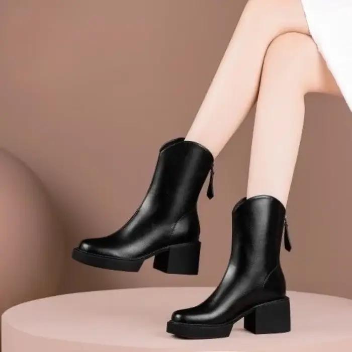 Bottes Chelsea pour femmes en cuir véritable, style britannique, imperméables, talon carré, bout rond, couvrant la cheville, pour hiver, occassions quotidiennes et cadeaux
