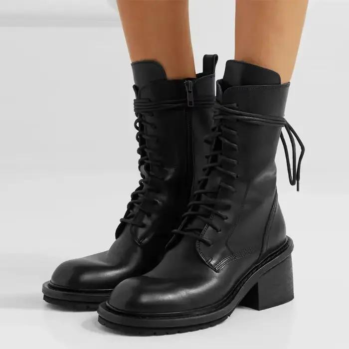 2025 hiver marque de haute qualité Chic Cool bottines femmes mode noir bloc talons à lacets fermeture éclair motos bottes chaussures