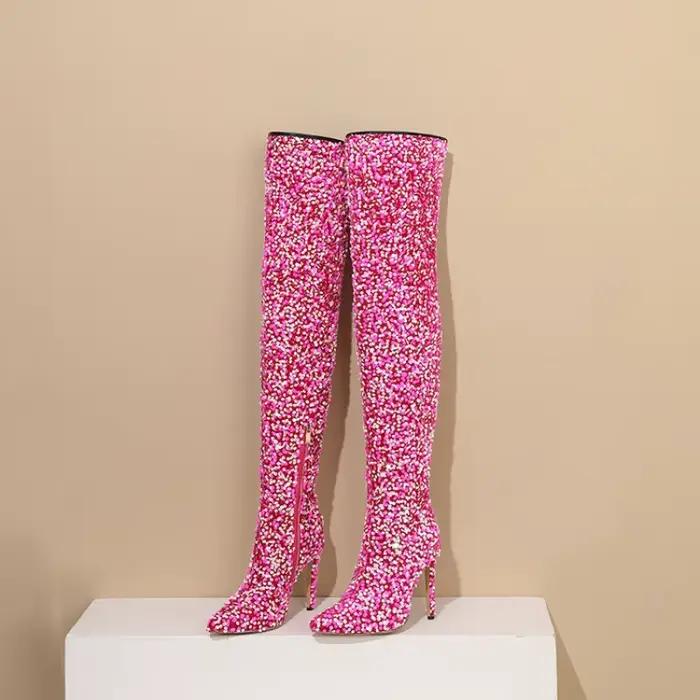 Bottes paillettées dorées et bleues sexy à talons hauts pour femmes, bottes de soirée brillantes au-dessus du genou