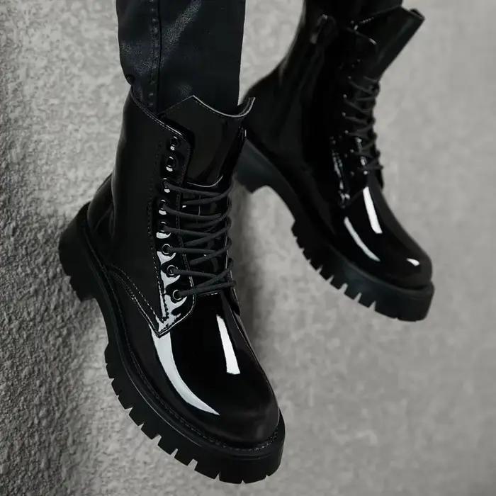 Bottes en cuir verni homme, style streetwear, bout rond, talon plat, semelle en caoutchouc, semelle intérieure PU, pour printemps et automne, occassions variées