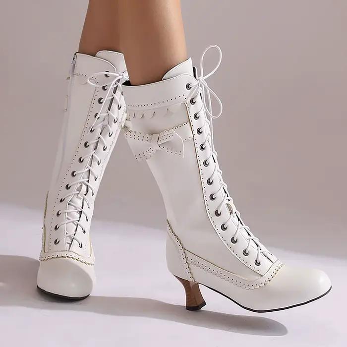 Bottes à lacets vintage pour femmes, chaussures au-dessus du genou, talons mi-hauts, cosplay d'Halloween, décontracté, hiver, automne, années 70