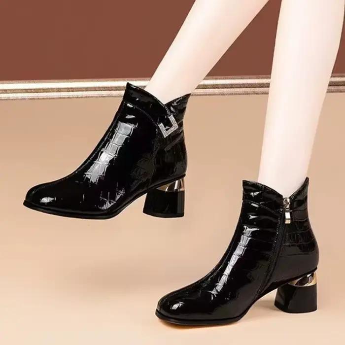 Petites bottines décontractées à bout rond en cuir verni pour femmes
