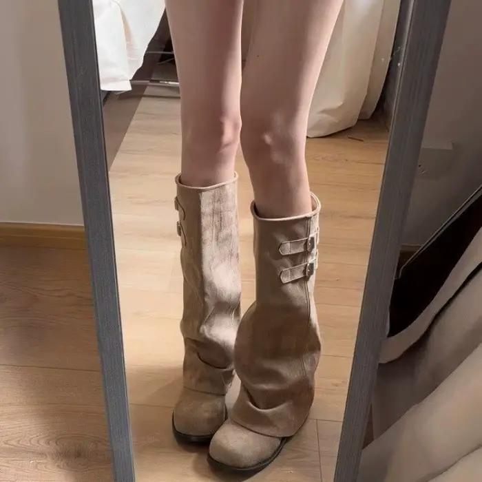 Bottes hautes pliables chic à la française pour femme, style décontracté, à talon compensé, à enfiler, noires, kaki, bout rond, avec bride à boucle, type moto