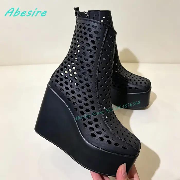 Bottines blanches à talon compensé en maille ajourée, bout rond, fermeture éclair latérale, plateforme, pour femmes, style urbain estival, chaussures tendance