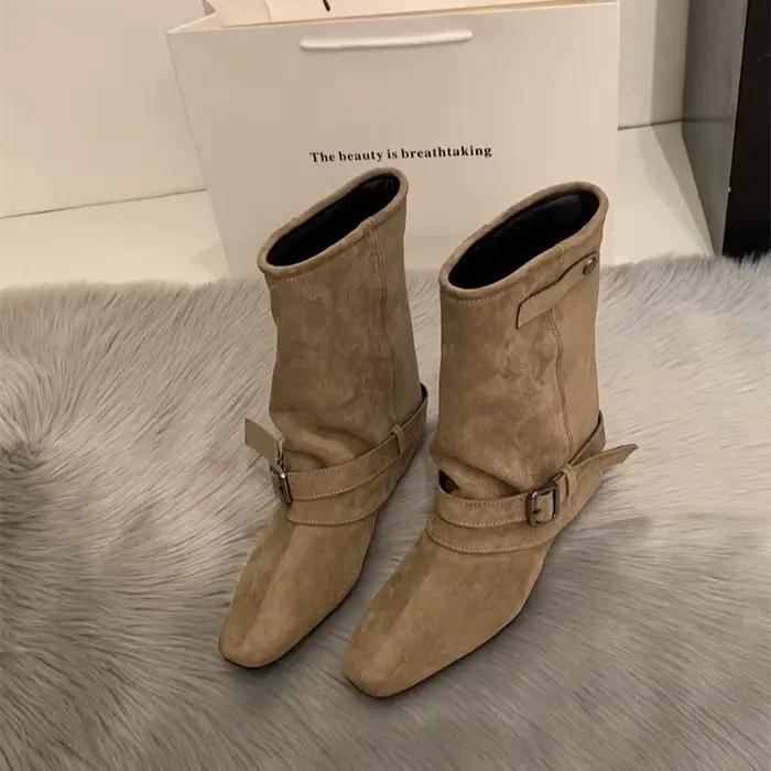 Bottes de chevalier de styliste pour femmes, chaussures à talons bas, robe de danse, Style de rue, fête de Banquet, courtes Botas Mujer