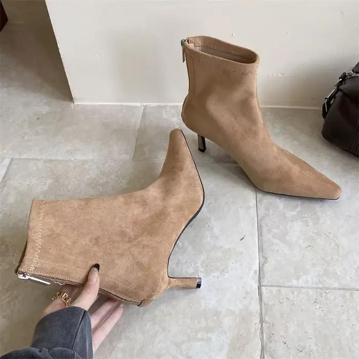 Aneikeh Style de rue bout pointu femmes bottines mode talons fins chaussures à glissière automne hiver Punk Chelsea chaussons courts