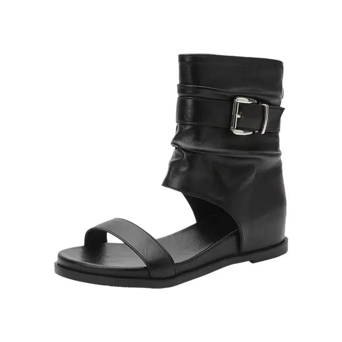 Superbes bottes pour femmes de style romain, à bout ouvert, à semelle épaisse, style western, bottes d'été, fermeture éclair à l'arrière, talon haut, chaussures confortables