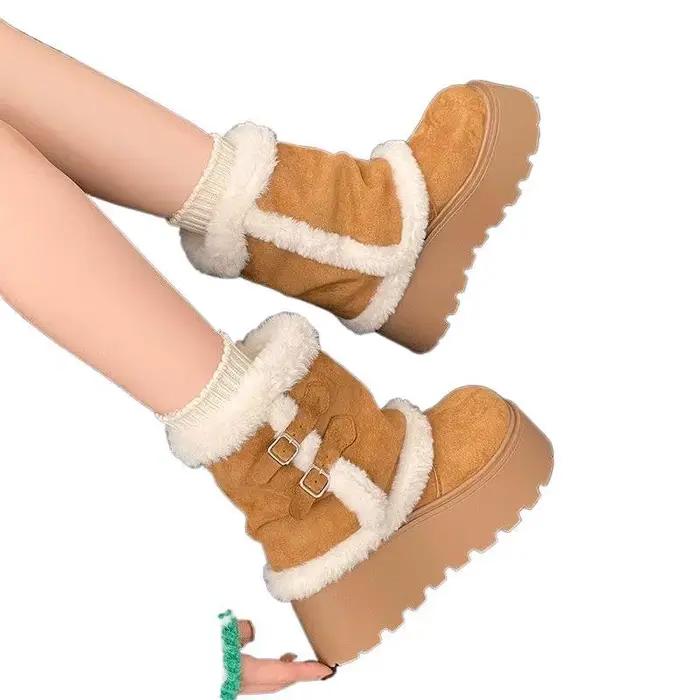 Bottes de neige rétro en fourrure pour femmes, bottes chaudes en coton épaissi avec doublure en polaire, style romain à enfiler, chaussures d'hiver à coupe basse