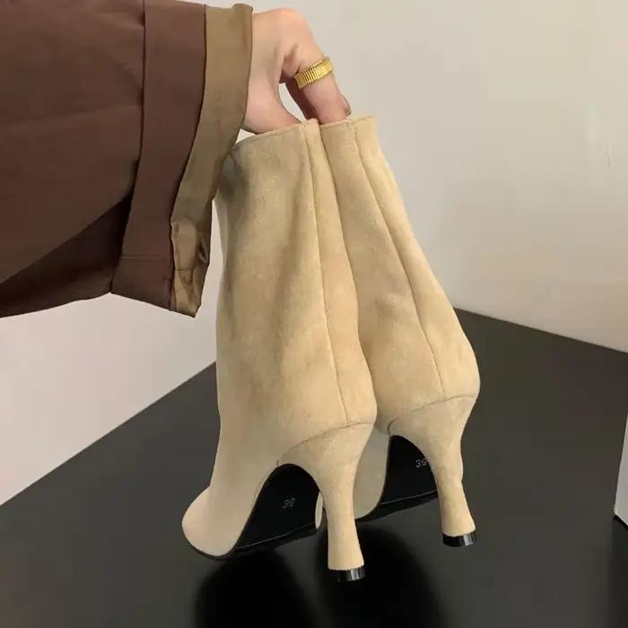 Eilyken Style de rue plissé bout rond femmes bottines talons fins chaussures hiver concis Chelsea court Botas Mujer