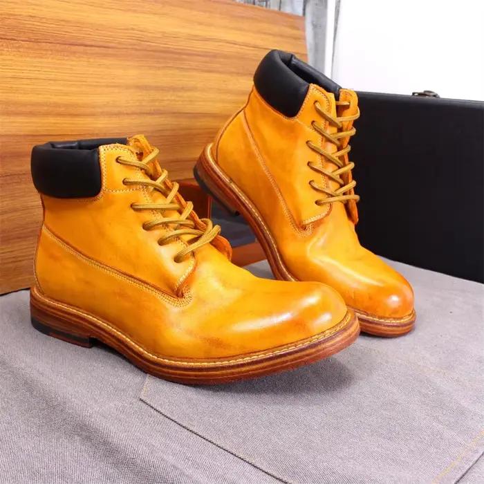 Bottines de Style britannique pour hommes, chaussures de moto d'hiver à lacets, souples, faites à la main, semelle en cuir véritable, coupe-vent, confortables