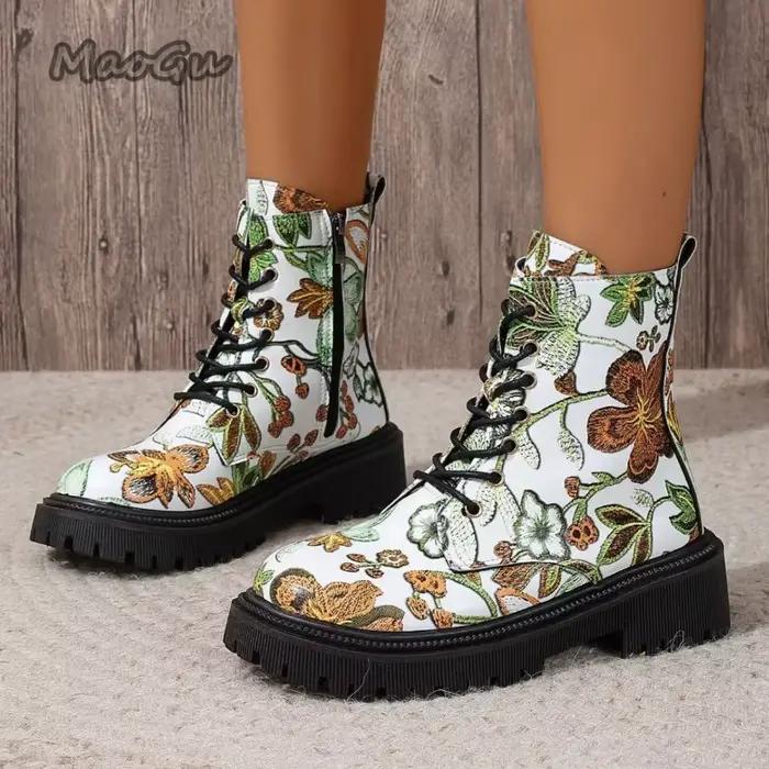 Nouvelle mode femmes bottes côté fermeture éclair fond épais Style britannique Botas Mujer tendance polyvalent bottes courtes imprimé fleuri Botines