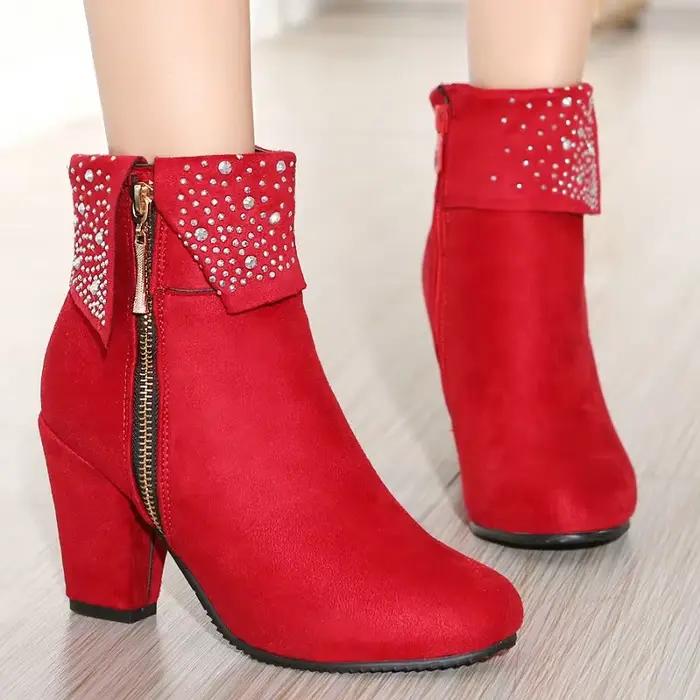 Bottines scintillantes pour femmes en flock avec strass cristal, talons hauts épais, chaussures chaudes d'hiver grandes tailles 32-47