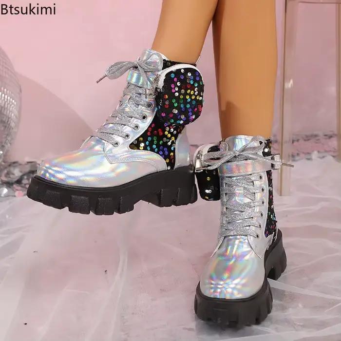 Bottes de combat punk pour femmes avec paillettes, talons carrés, et lacets pour les occasions spéciales automne-hiver