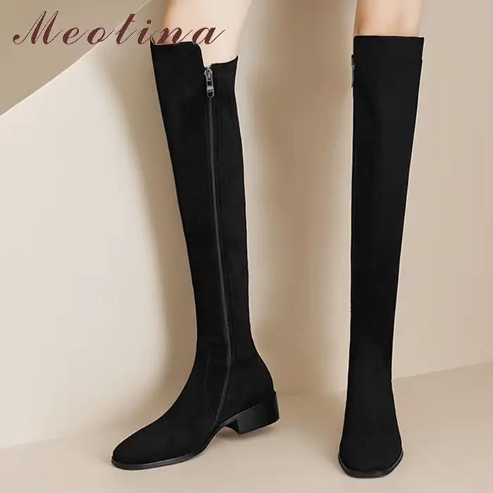 Meotina-Bottes hautes en cuir véritable pour femme, chaussures plates carrées, avec fermeture éclair, style décontracté, à la mode, collection automne hiver, 40