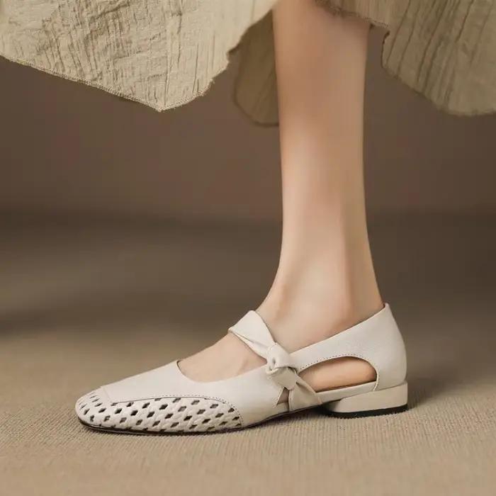 Chaussures Mary Jane pour femmes, plates, vintage, à bout carré, élégantes, ajourées, tressées, avec bride de cheville chic, décontractées d'été