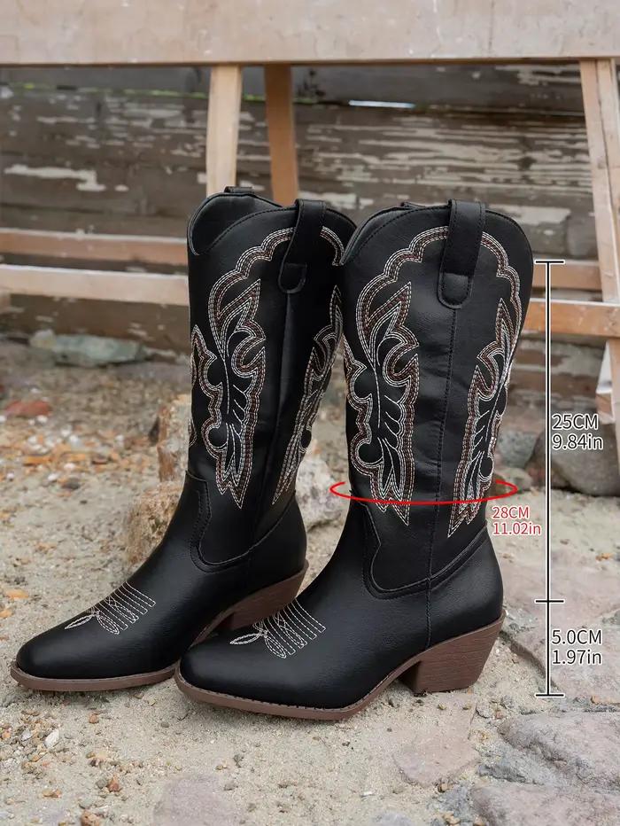 Bottes de cow-boy pour femmes, bottes de combat vintage, à talon épais et bloc, bout pointu, talon haut, hauteur genou, style cowgirl