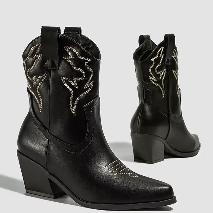 Aneikeh automne hiver Vintage brodé grandes bottes de Cowboy occidentales nouveau Style talon grossier pointu cheville baril chevalier bottes