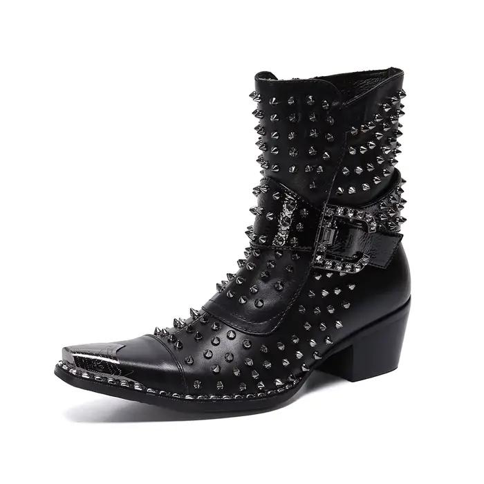 Bottes en cuir pointues à talons hauts pour hommes