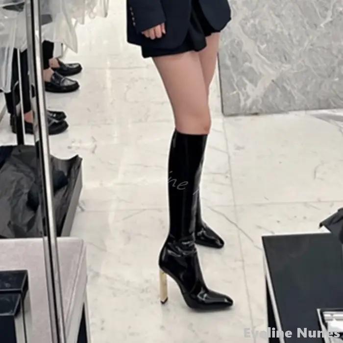 Bottes de motard en cuir verni bout carré doré talons carrés pour femmes style punk hiver occassions spéciales