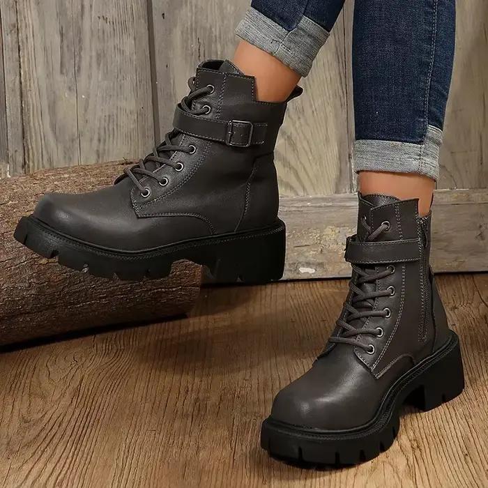 Rétro fond épais marron bottines femmes 2025 hiver boucle en métal décoration bottes de Combat grande taille femme chaussures avec plate-forme