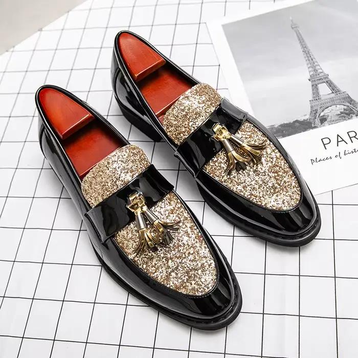 Mocassins de luxe à talon bas pour hommes, chaussures décontractées à enfiler en cuir doré, à pampilles, pour soirée, chaussures habillées pour hommes, chaussures à plateforme pour hommes