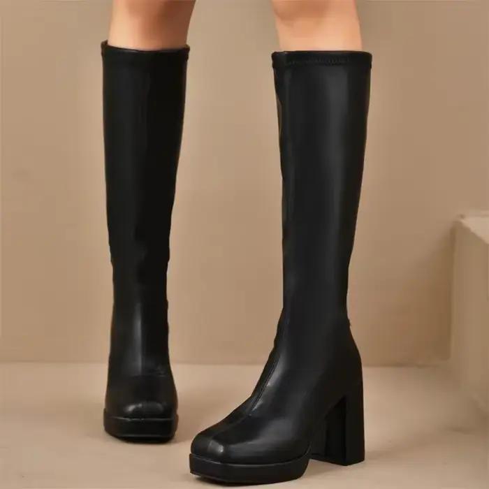 Plate-forme épaisse bottes en cuir Pu noir femme 2025 genou haute grande taille 42 talons hauts