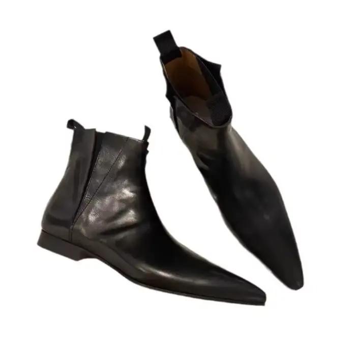 Bottes courtes rétro en cuir véritable pour femme, chaussures Chelsea pointues, plates et nues, fines, automne/hiver