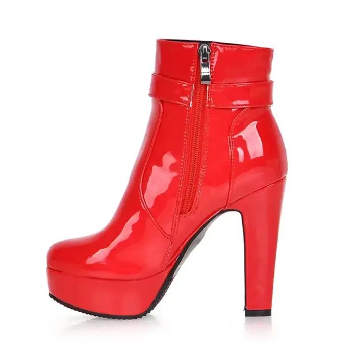 Bottes courtes à plateforme en peluche pour femmes avec talons hauts et épais, cuir verni rouge et noir, bottes punk à cheville pour bureau, fermeture éclair latérale, hiver
