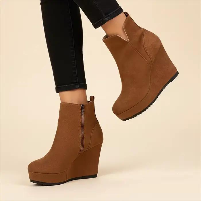 Bottines compensées zippées mode bout rond plate-forme gommage daim grande taille chaussures en coton à talons