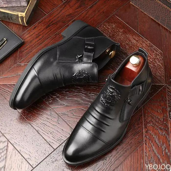 Hiver hommes bottes élégantes cheville chaussures en cuir antidérapantes britannique Zip noir chevalier