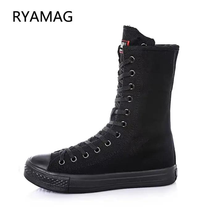 Ryamag-Bottes en toile mi-mollet pour femme, chaussures plates à fermeture éclair, baskets confortables, décontracté, à lacets, canize, nouveau