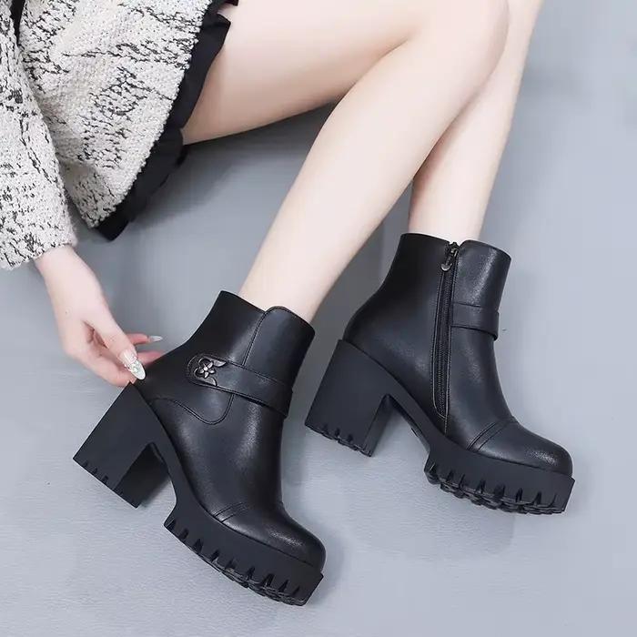 Bottes de moto à talon épais de 8 cm, petite taille 32-43, pour femme, hiver 2026, à talon bloc, en cuir souple, bottines de bureau pour maman