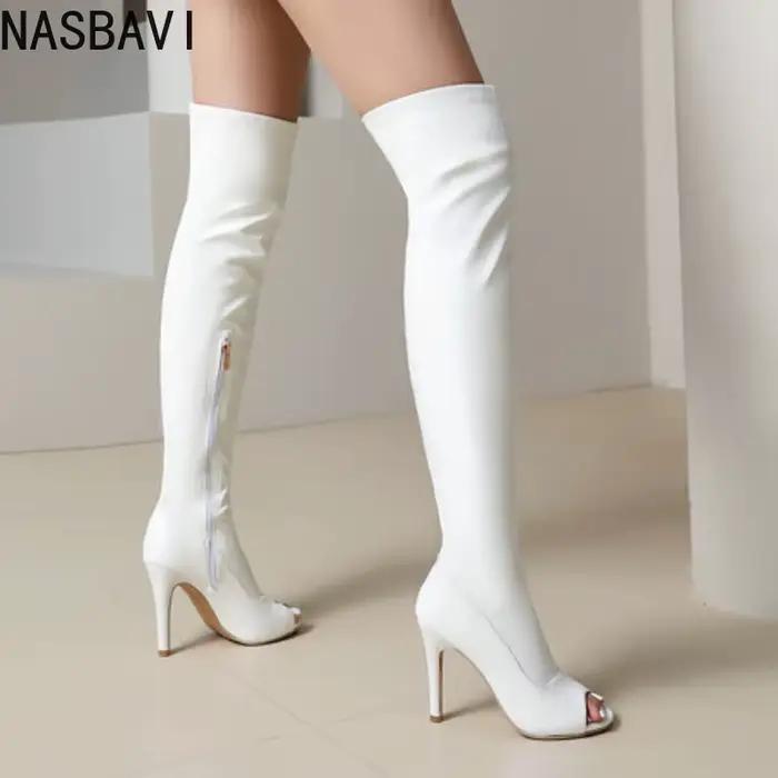 NASBAVI – bottes ajourées à talons très hauts et fins, avec fermeture éclair, élastiques, imprimé léopard, matériau floqué, au-dessus du genou, 35-48